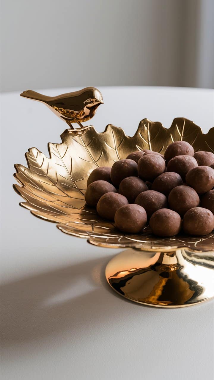 Plat doré avec chocolats et oiseau décoratif.