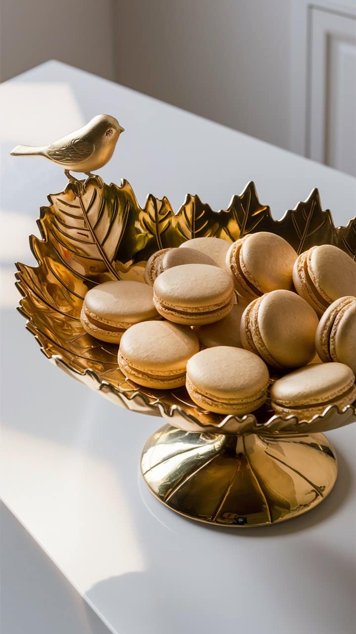 Plateau doré avec des macarons et oiseau décoratif.