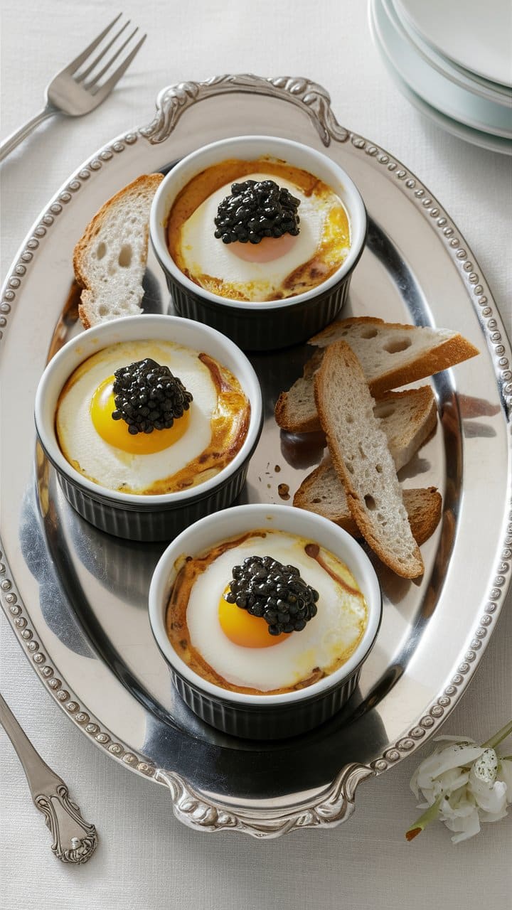 Trois œufs cocotte avec caviar sur un plateau.
