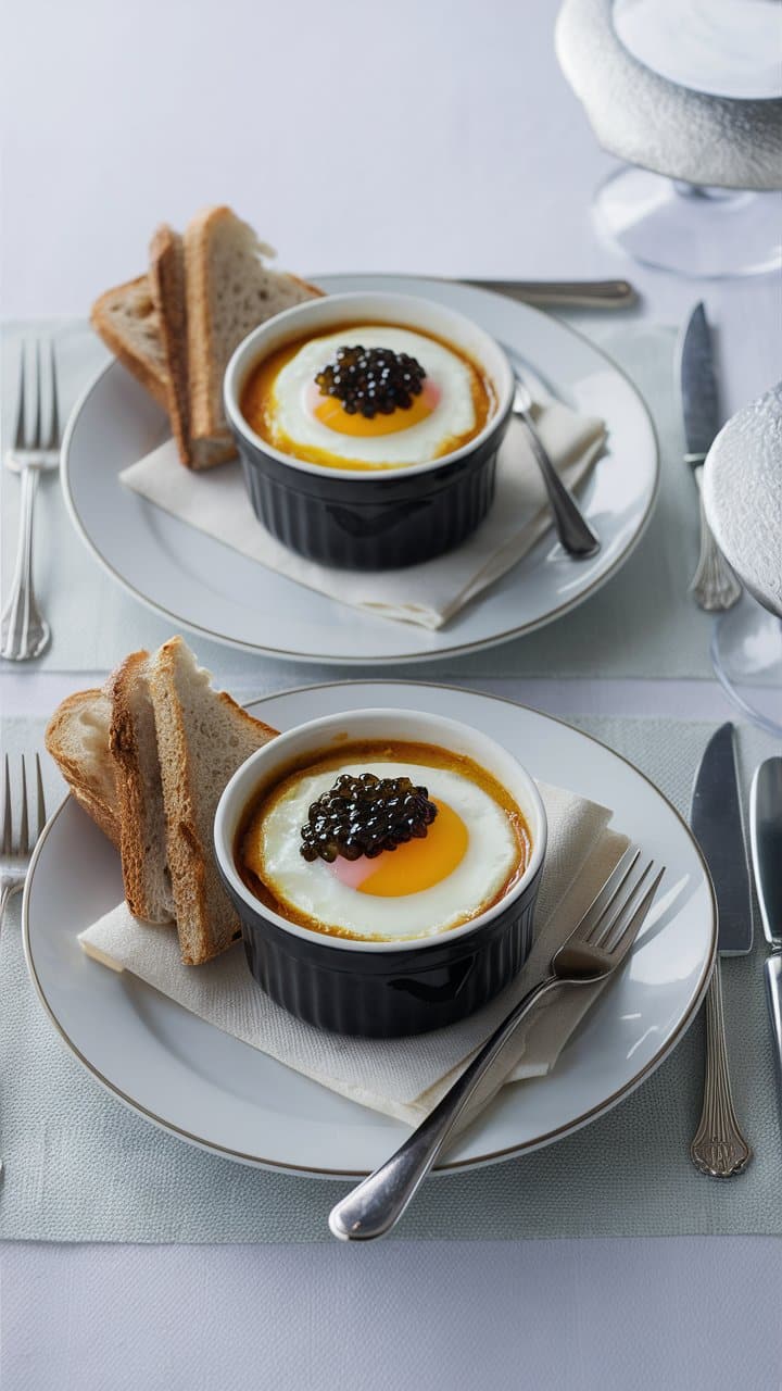 Oeufs cocotte et caviar avec pain grillé.