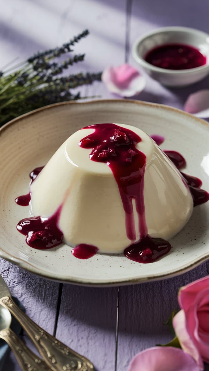 Panna cotta avec coulis de fruits rouges.