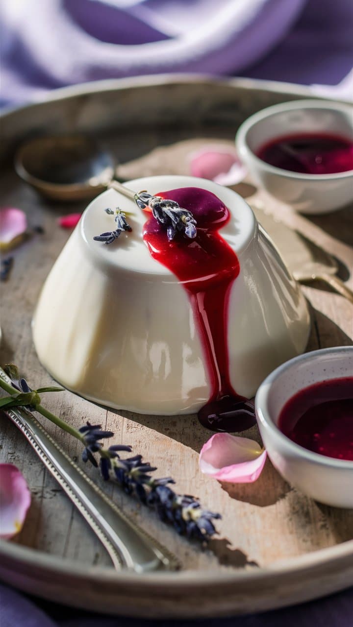 Panna cotta sauce fruits et fleurs de lavande.