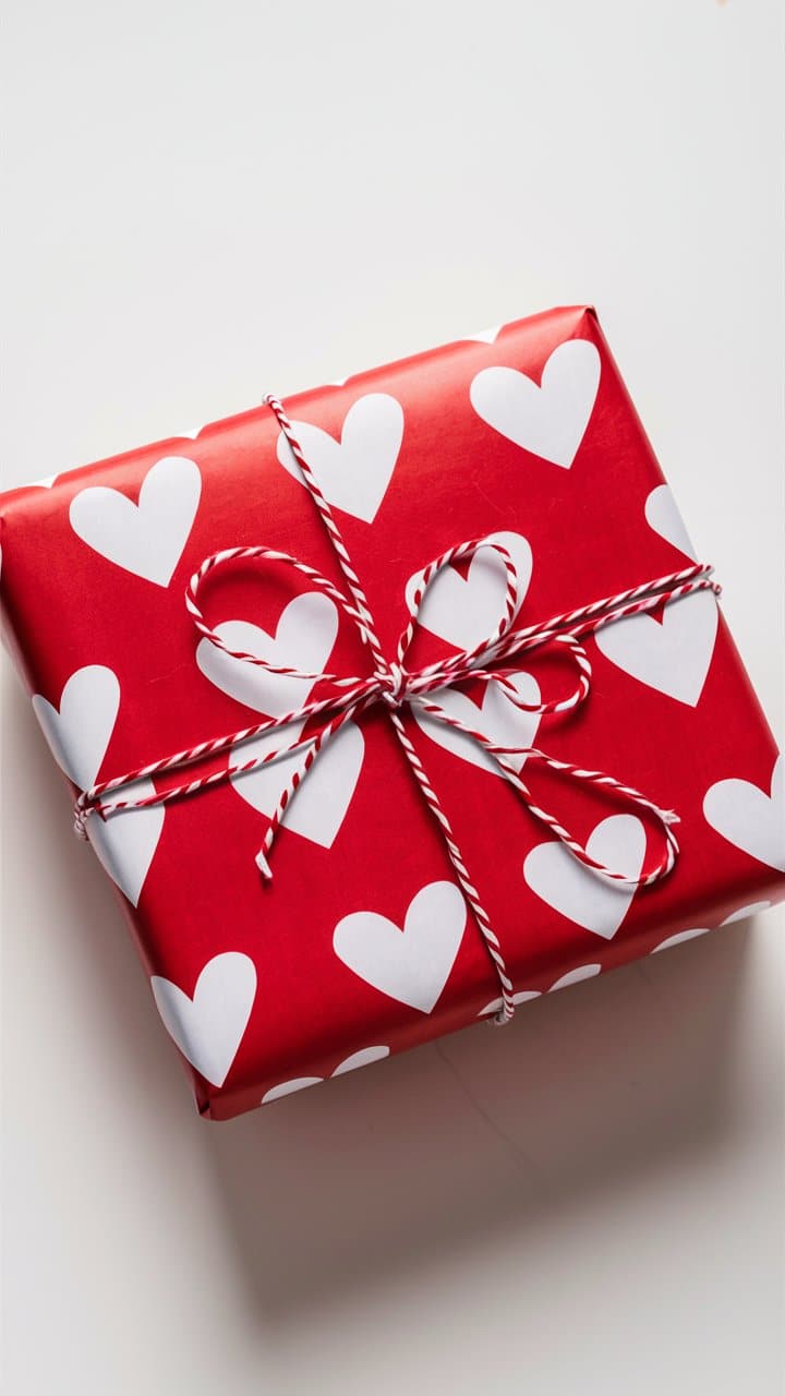 Cadeau rouge avec motifs de cœurs blancs.