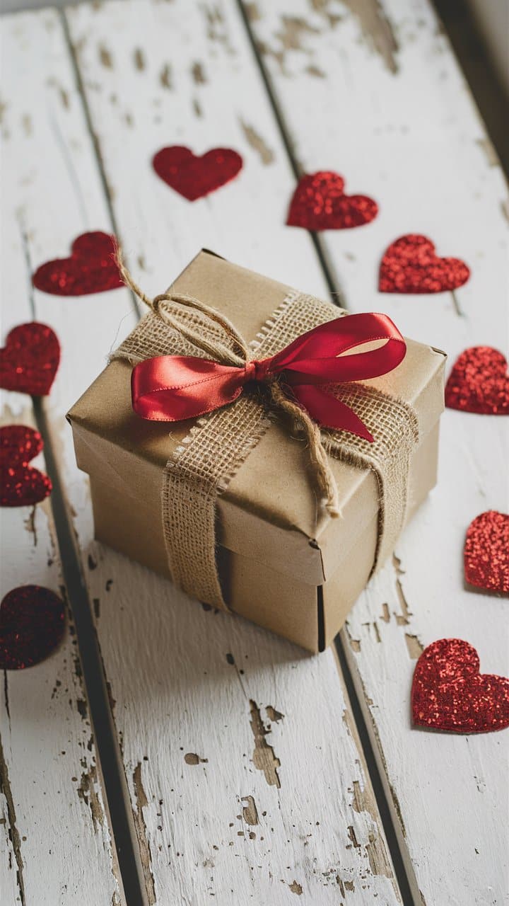Cadeau avec ruban rouge et cœurs rouges décoratifs.