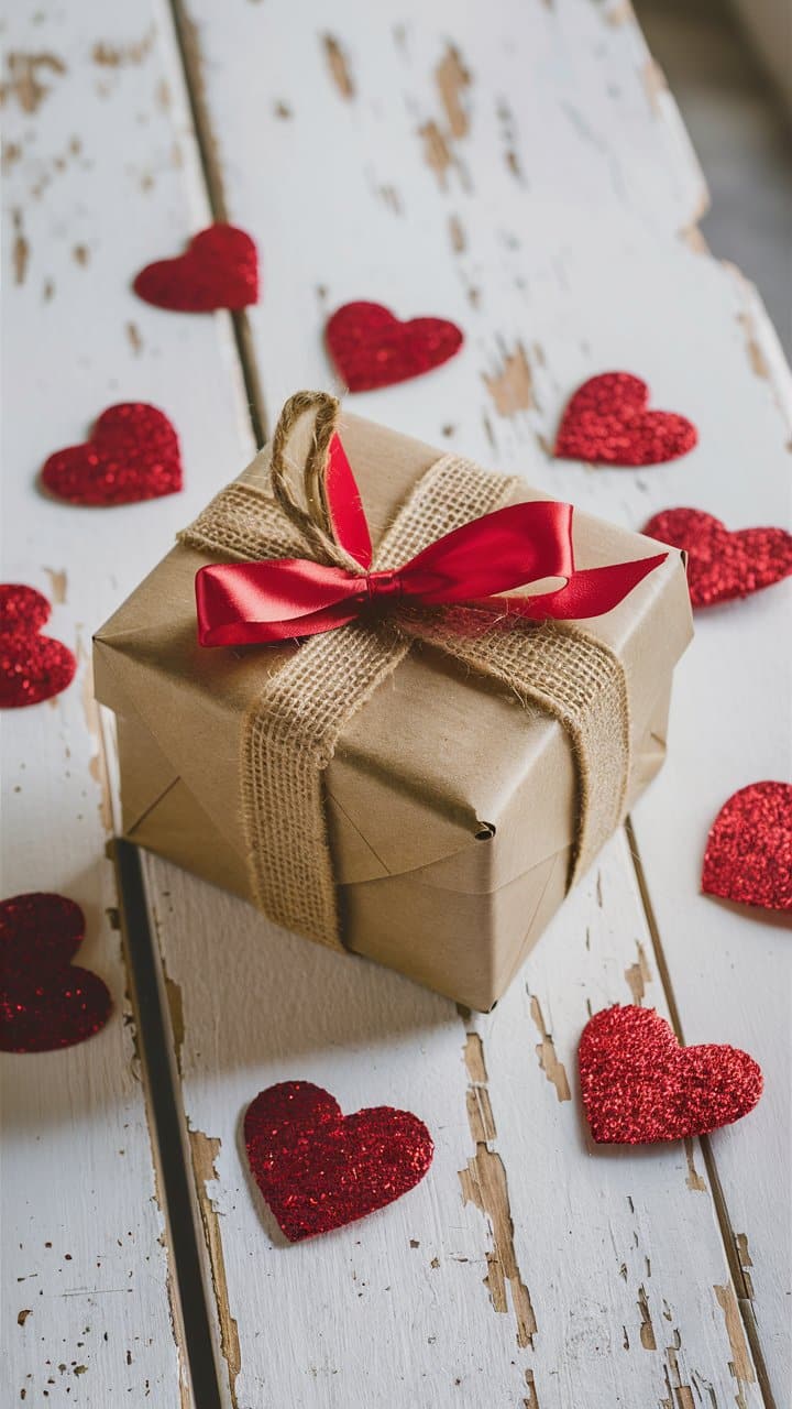 Cadeau emballé avec ruban rouge, cœurs rouges autour.
