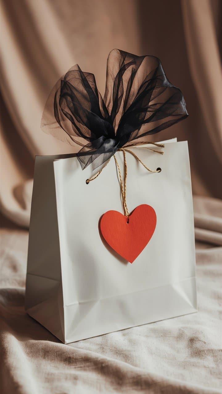 Sac blanc avec cœur rouge suspendu.