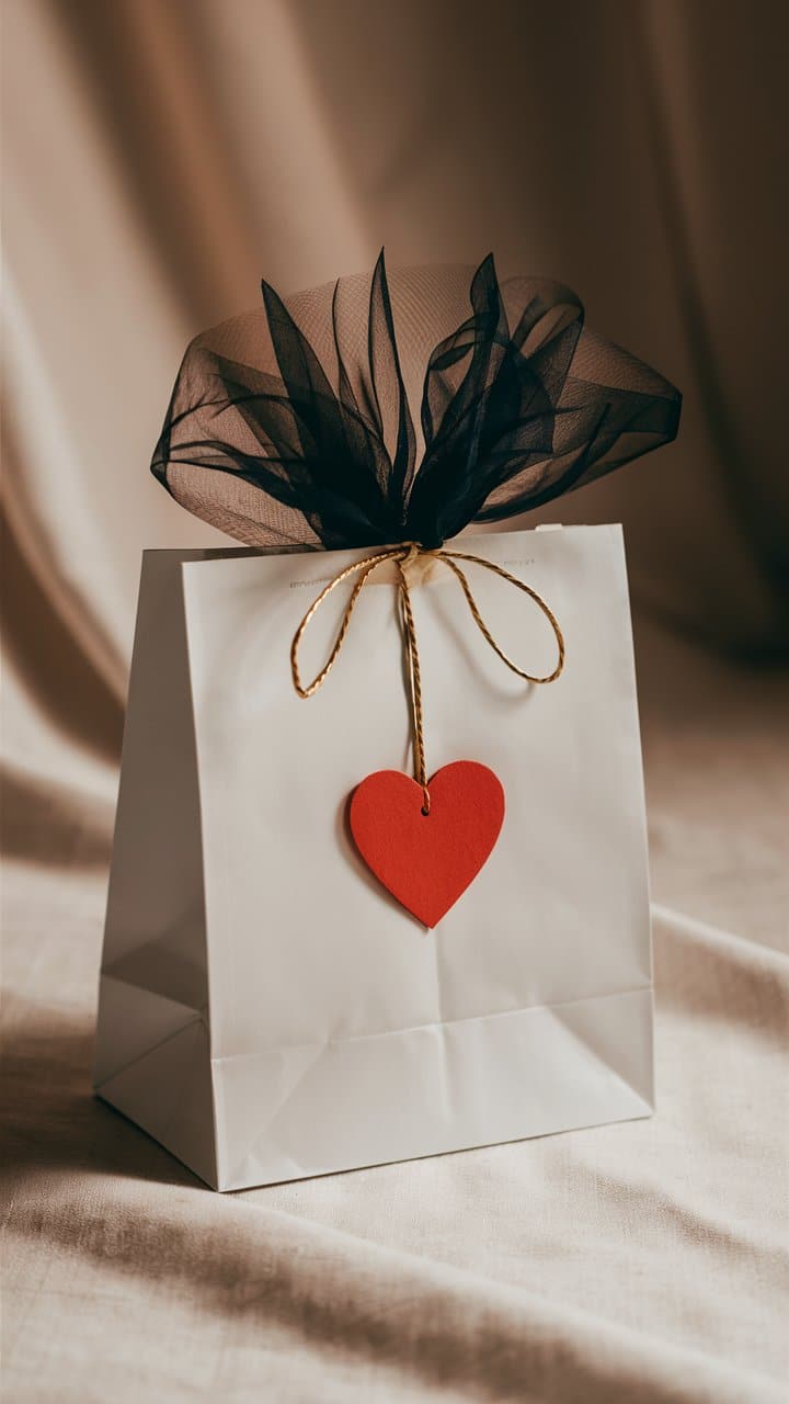 Sac blanc avec cœur rouge en papier.