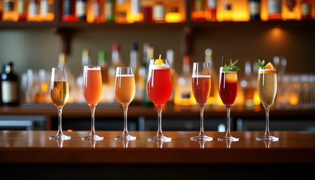 Verres de cocktails colorés alignés sur un bar.