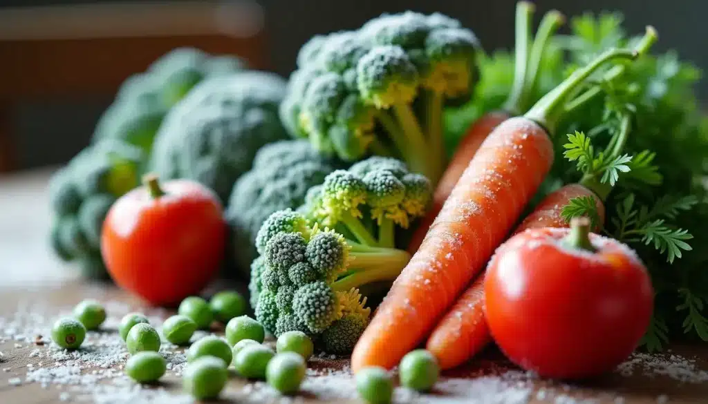 Légumes frais : brocoli, carottes, tomates et pois verts.