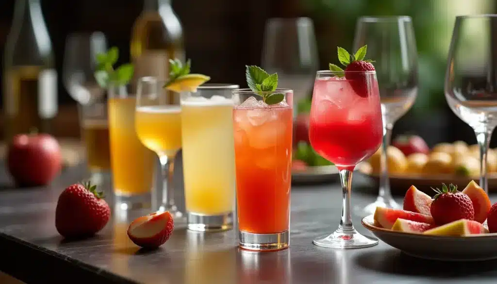 Cocktails fruités sur une table avec fruits frais.