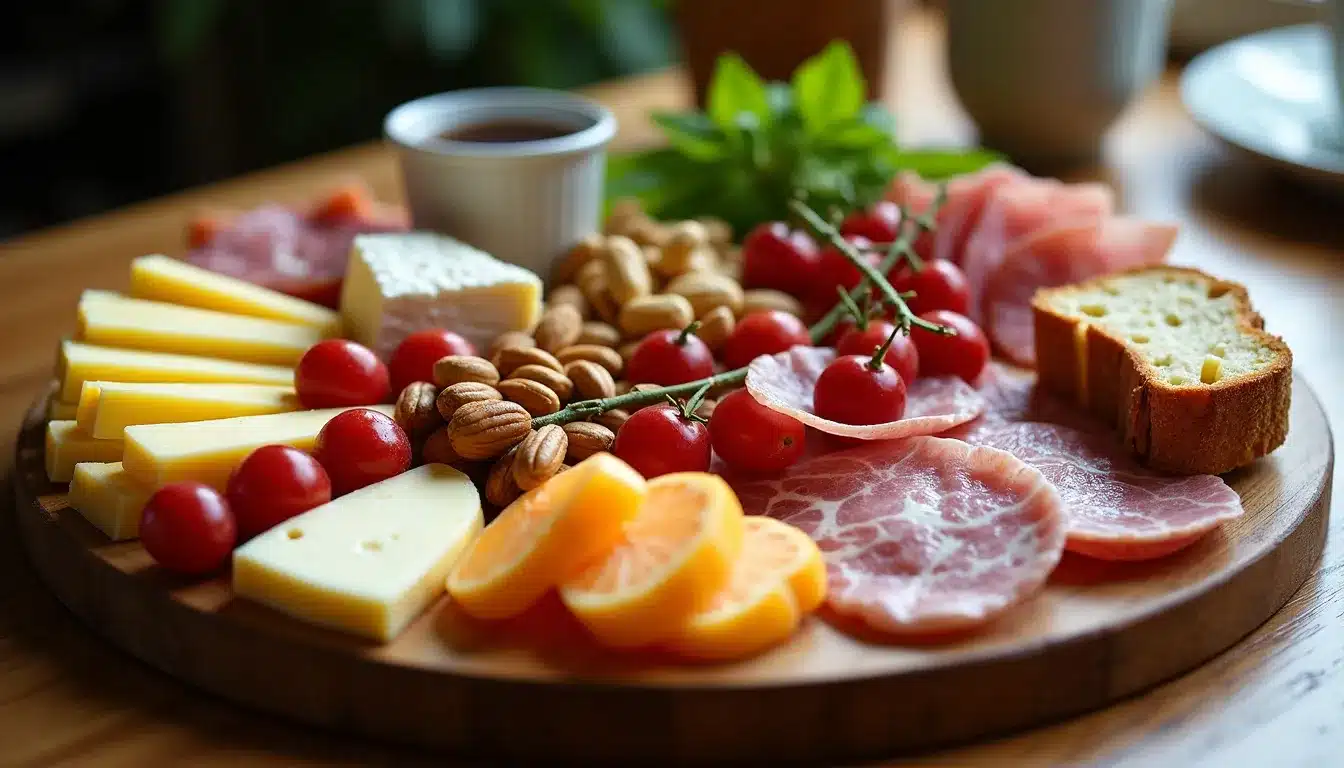 Plateau de charcuterie avec fromages et fruits.