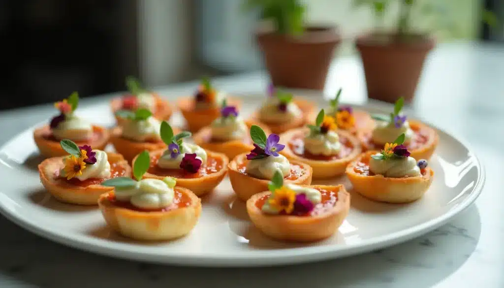 Petites tartes colorées garnies de crème et fleurs