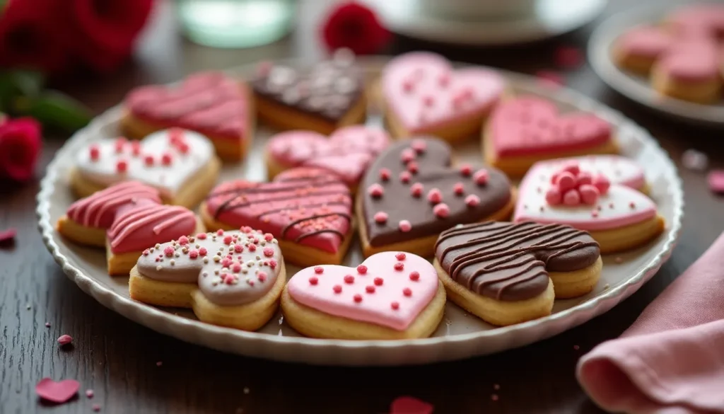 Assortiment de biscuits en forme de cœur décorés.