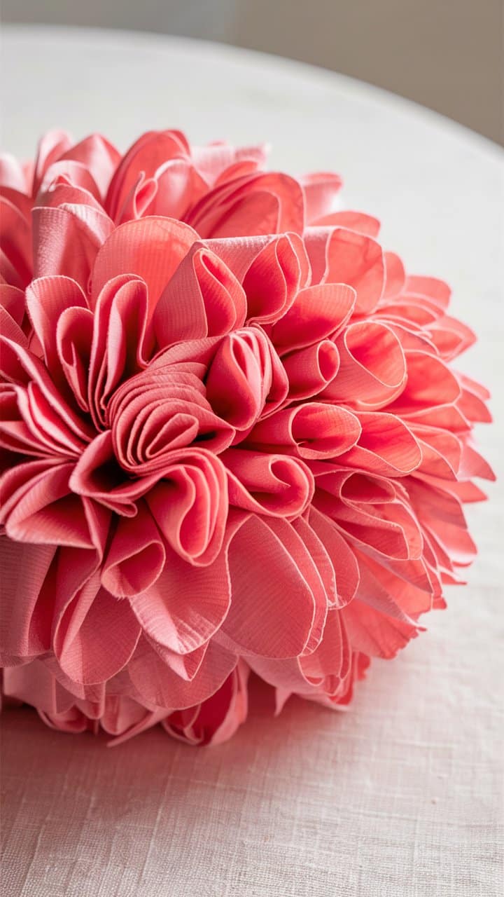 Fleur en papier rose sur table blanche.