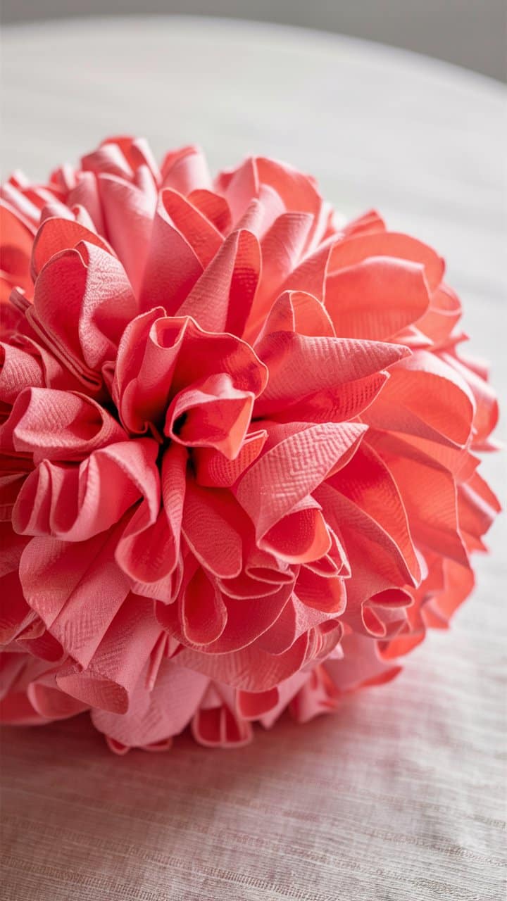 Fleur en serviette rose sur table blanche.