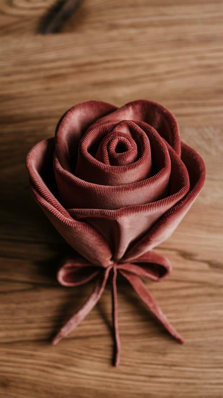 Fleur en tissu rouge sur fond boisé.
