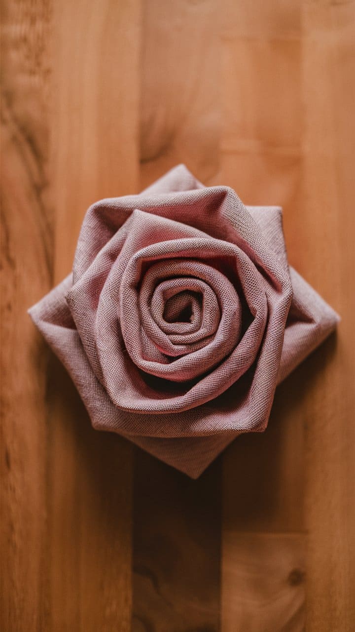 Serviette pliée en forme de rose sur table en bois.