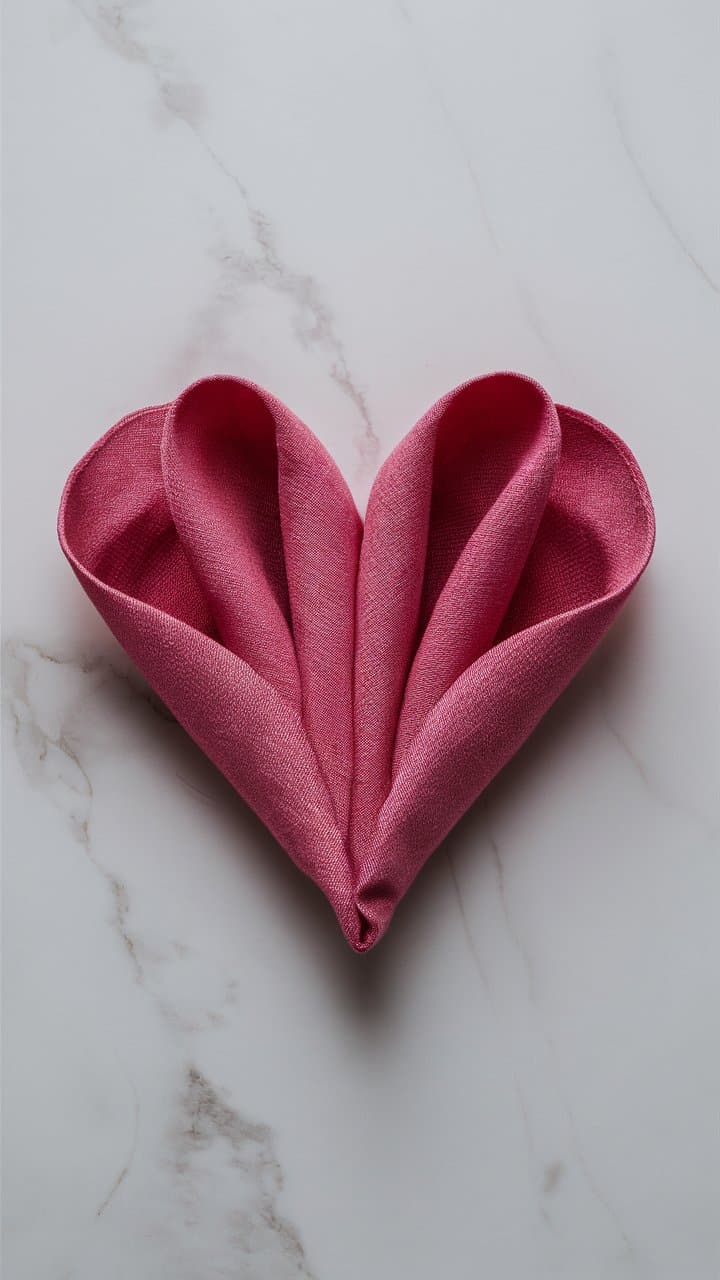 Serviette pliée en forme de cœur sur table.