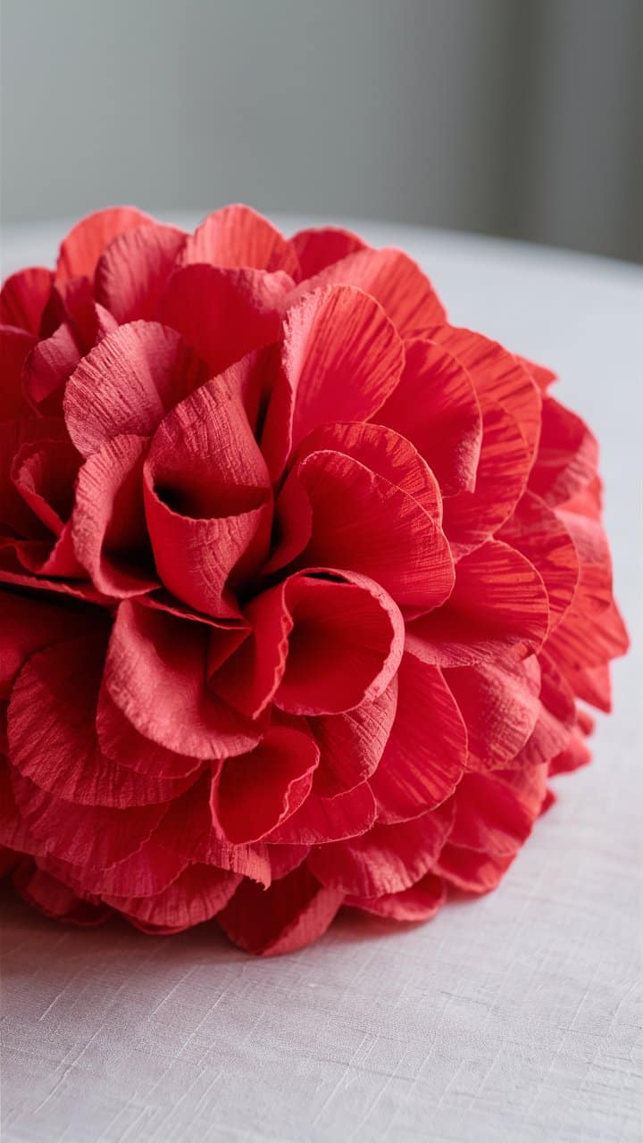 Fleur en papier crépon rouge sur une table.