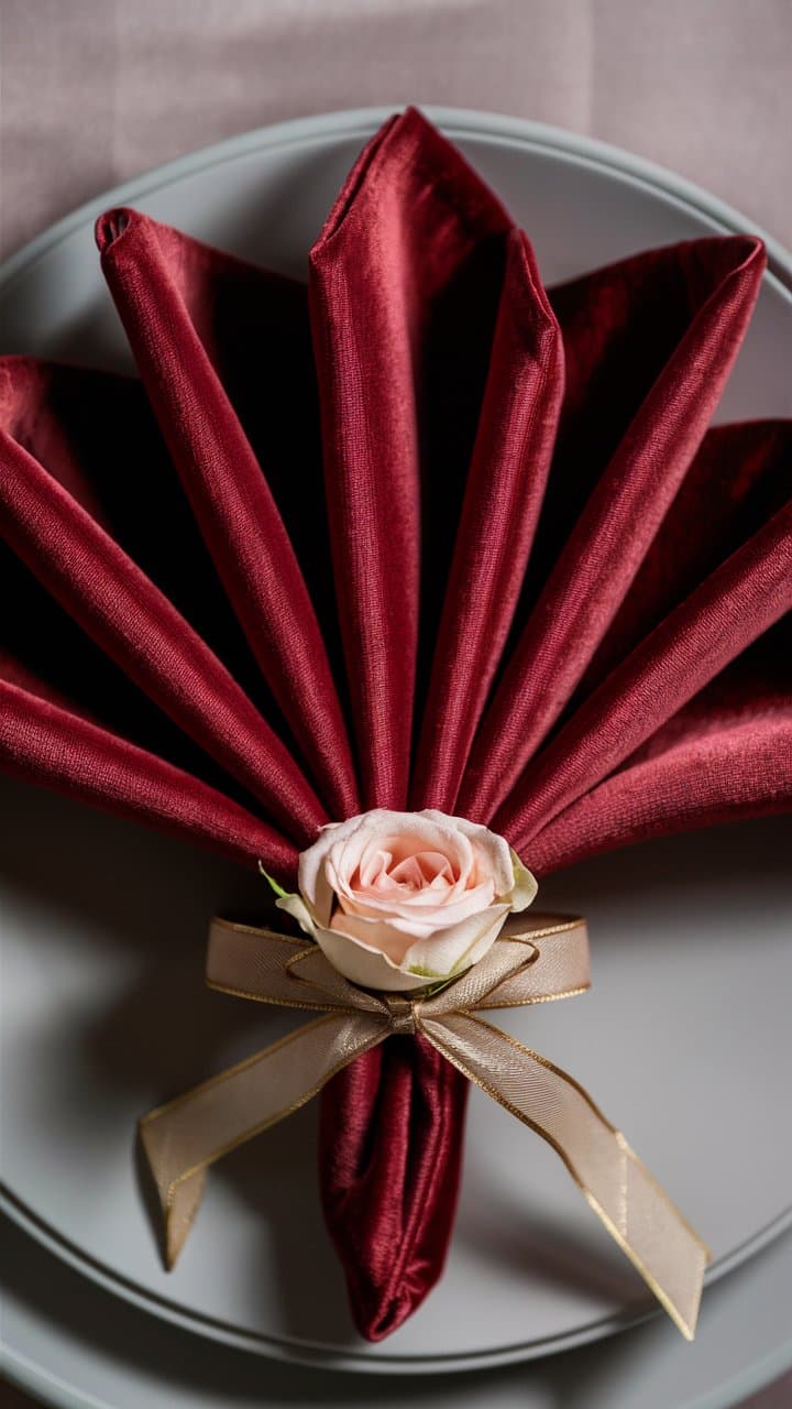 Serviette rouge pliée en éventail avec rose et ruban.