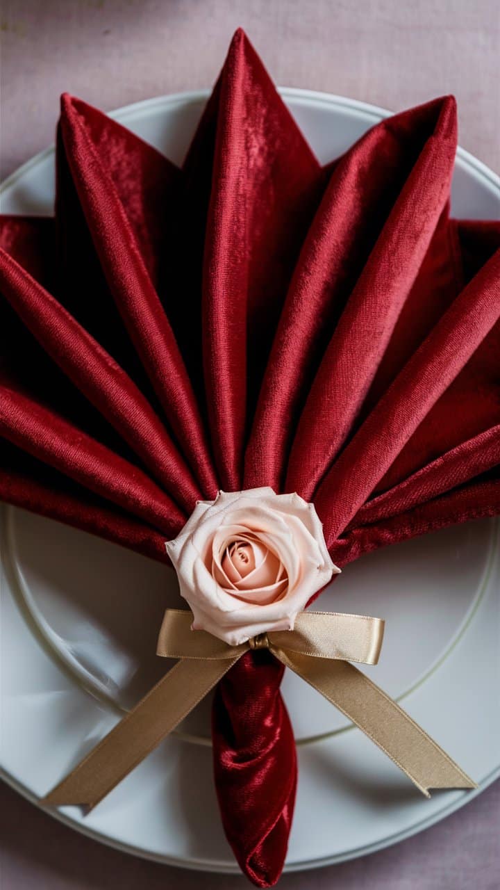 Serviette rouge pliée, rose et ruban beige
