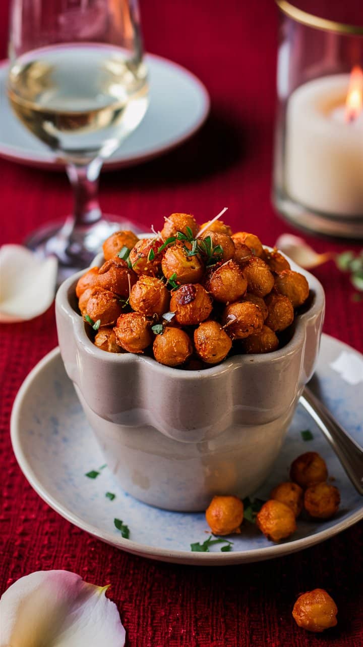 Pois chiches grillés dans un bol, verre de vin.
