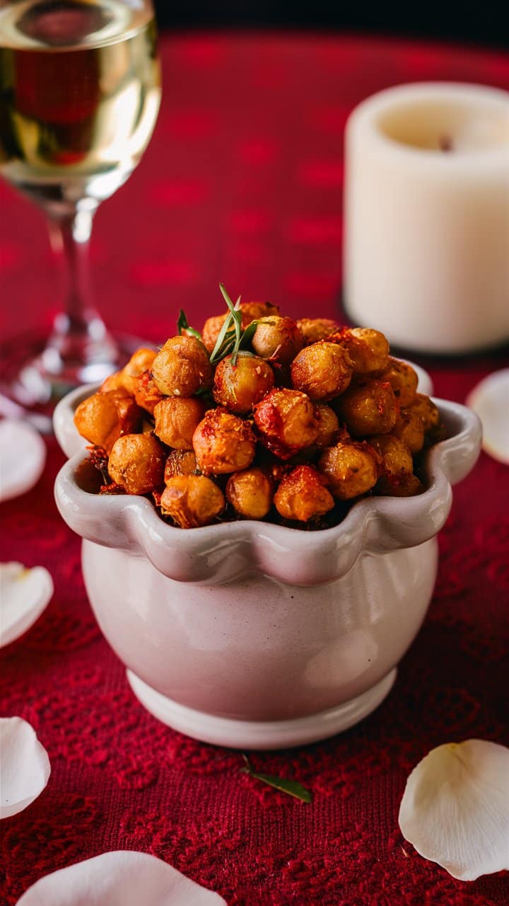 Pois chiches grillés dans un bol sur nappe rouge.