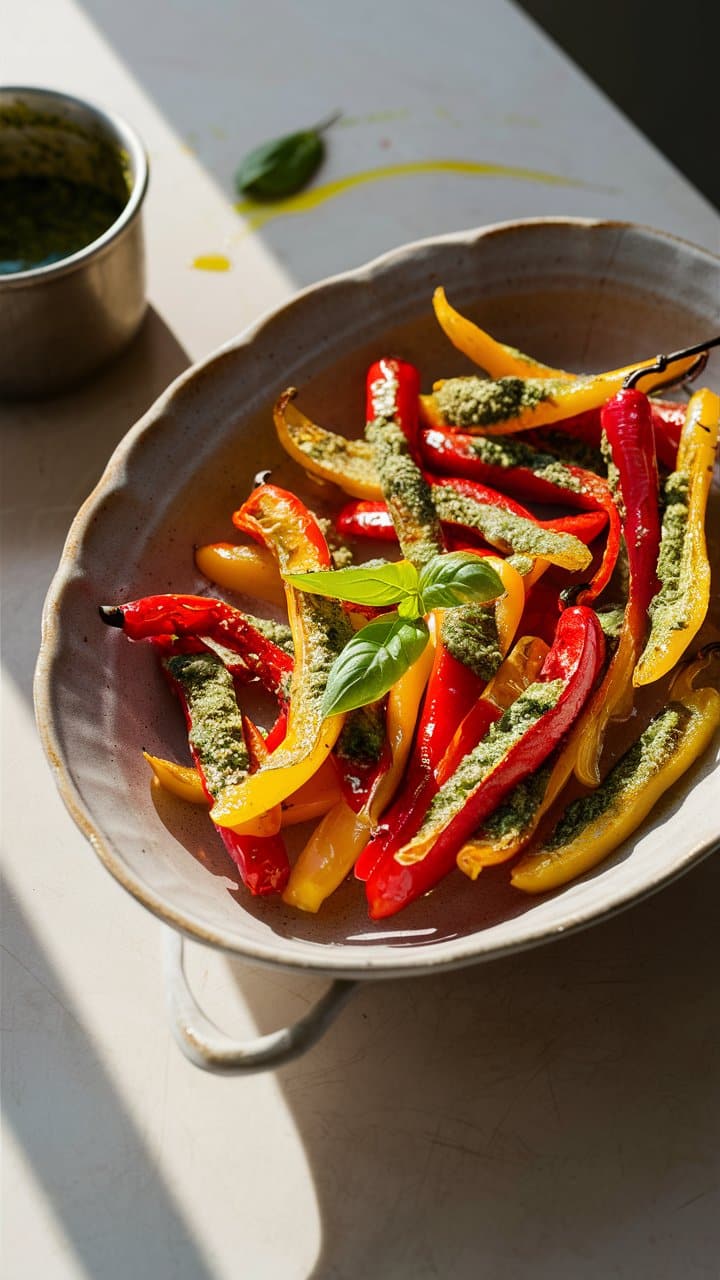 Poivrons colorés au pesto et basilic frais.