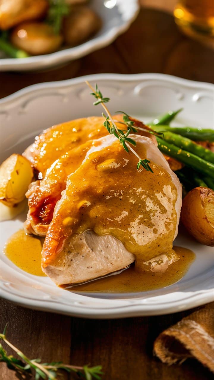 Poulet nappé de sauce, accompagné de légumes.