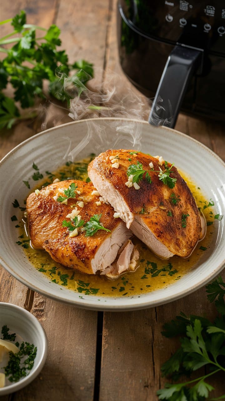 Poulet grillé dans assiette avec persil et ail.