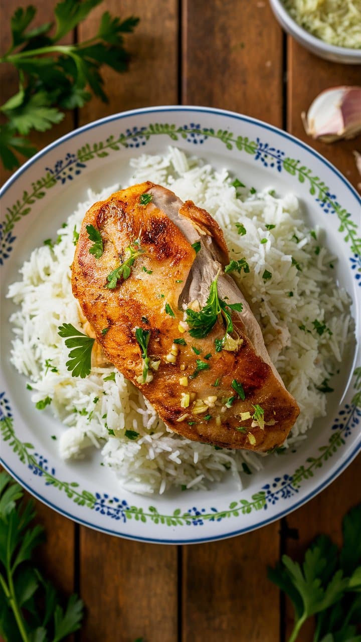 Poulet grillé sur lit de riz blanc.
