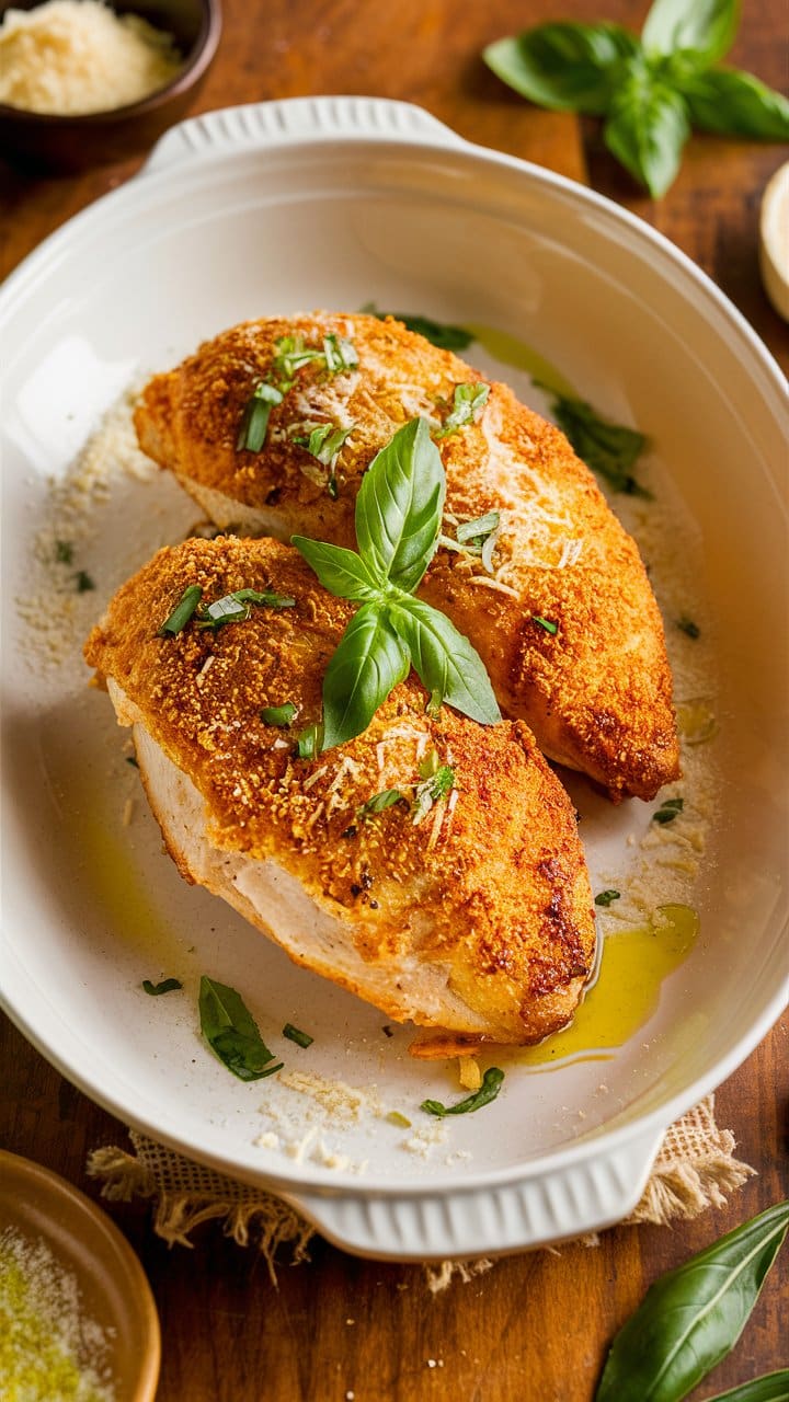 Poulet parmesan garni de basilic frais.