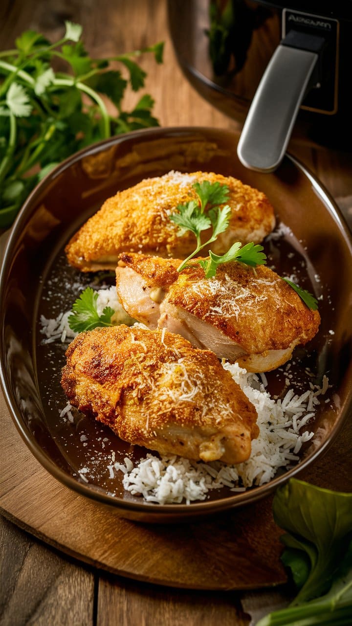 Poulet rôti avec riz et herbes fraîches.