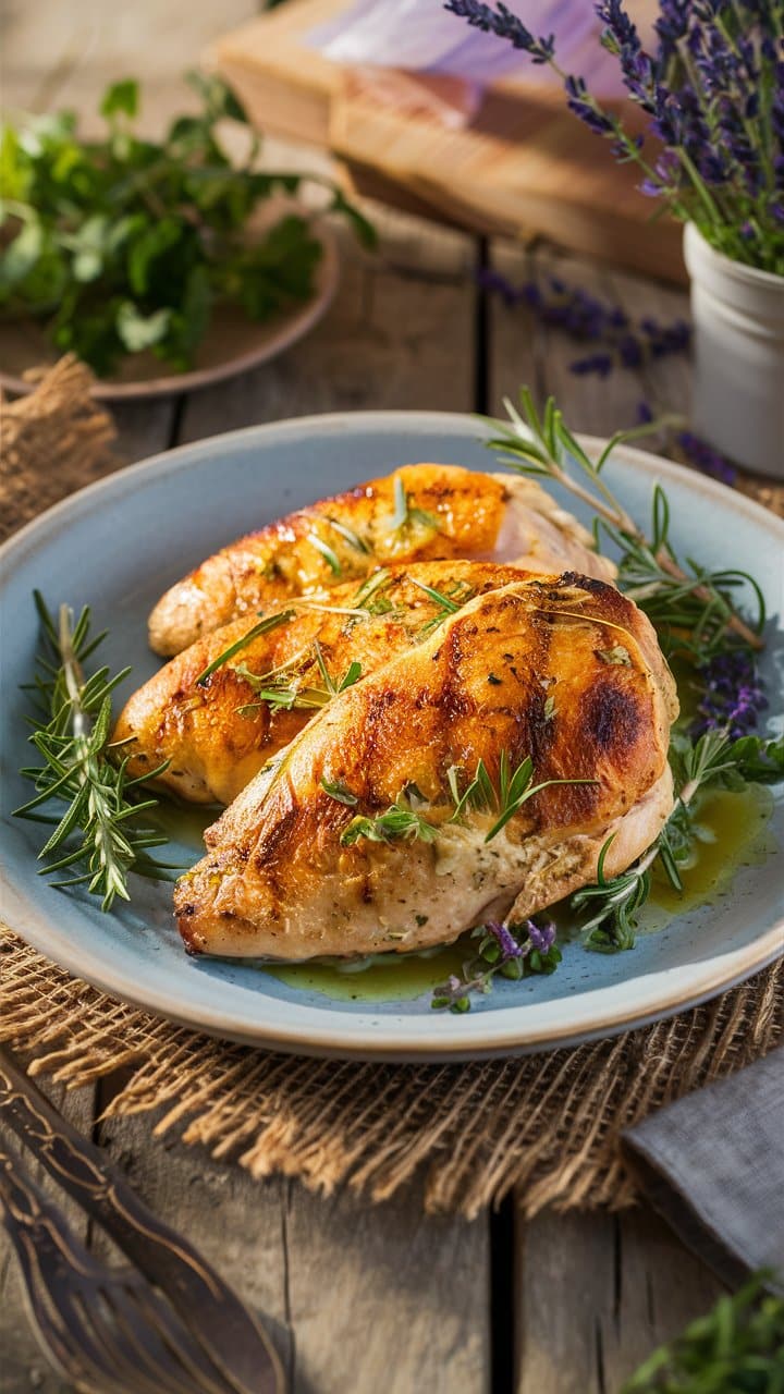 Poulet grillé aux herbes, présenté sur assiette bleue.