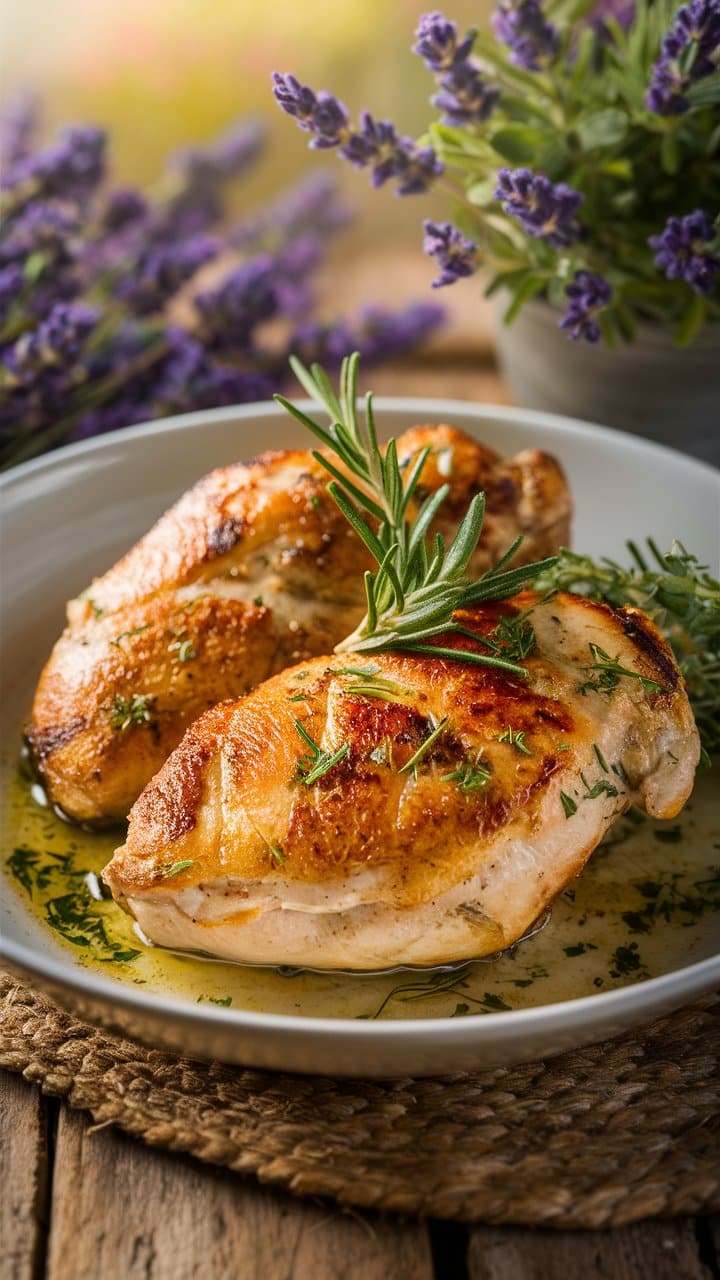 Poulet rôti au romarin avec lavande en arrière-plan.
