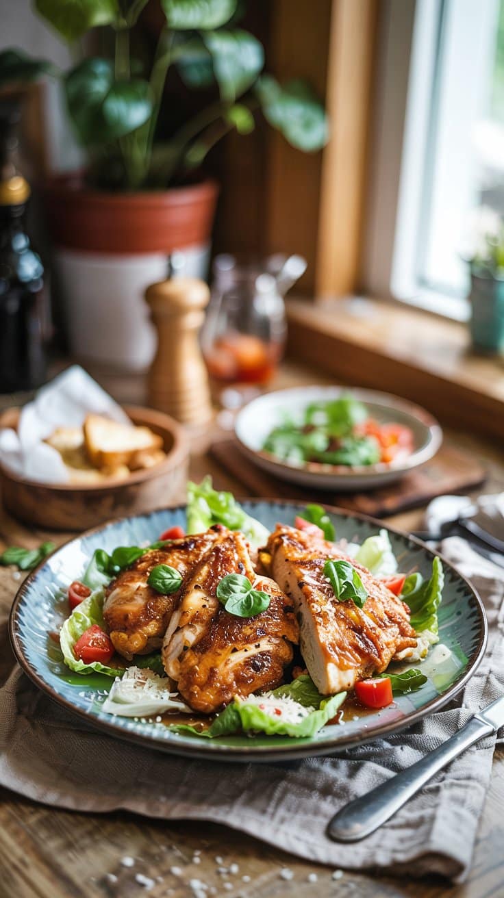 Salade avec poulet grillé et tomates.