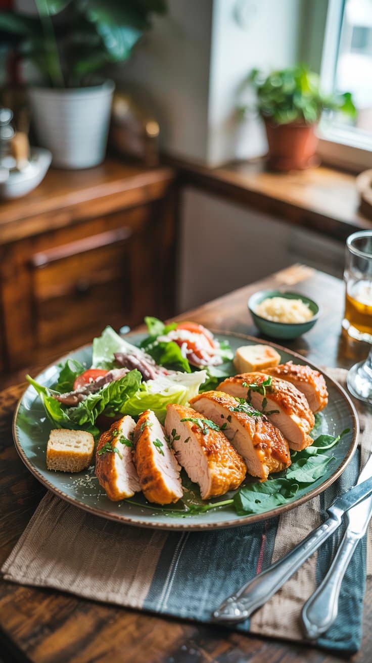 Assiette de poulet grillé et salade verte.