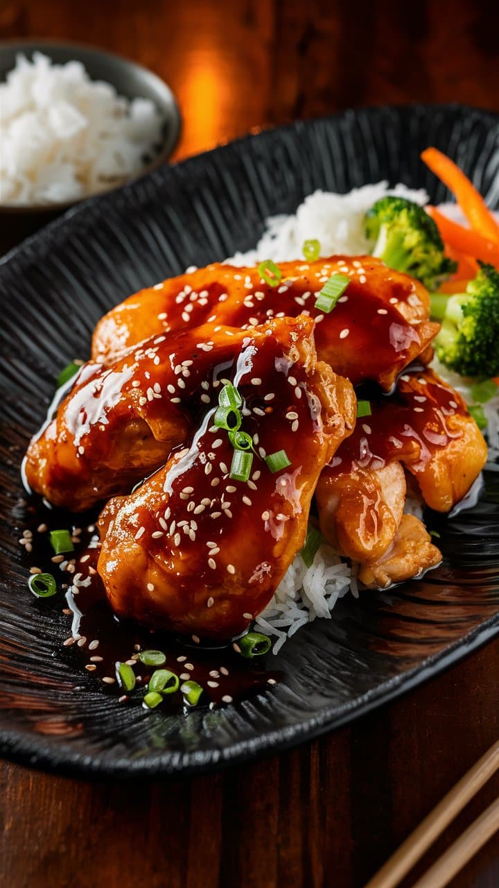 Poulet sauce teriyaki, riz et légumes.