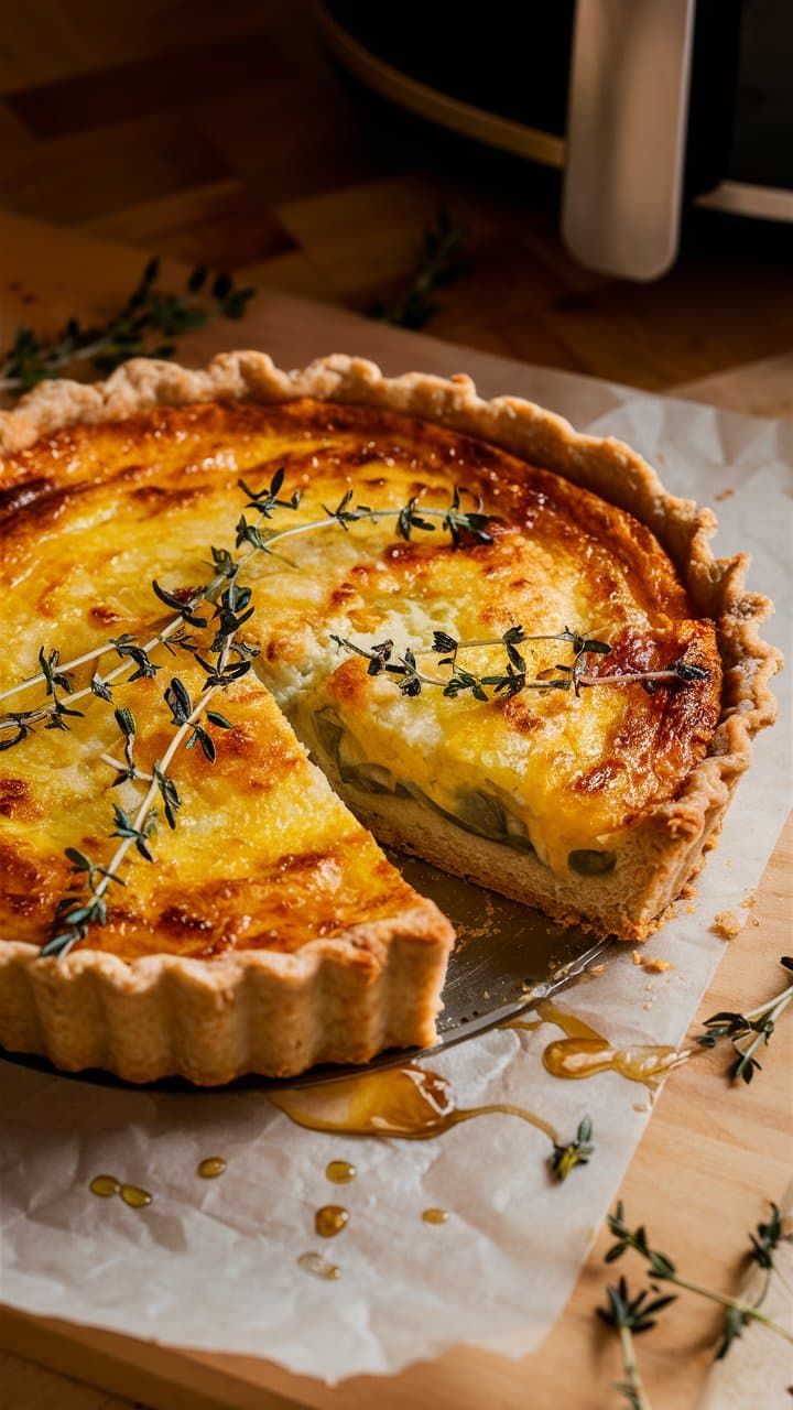 Tranche de quiche aux légumes et fromage.