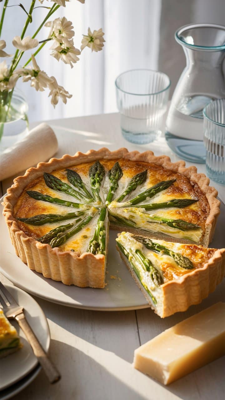 Quiche aux asperges servie sur une table élégante.