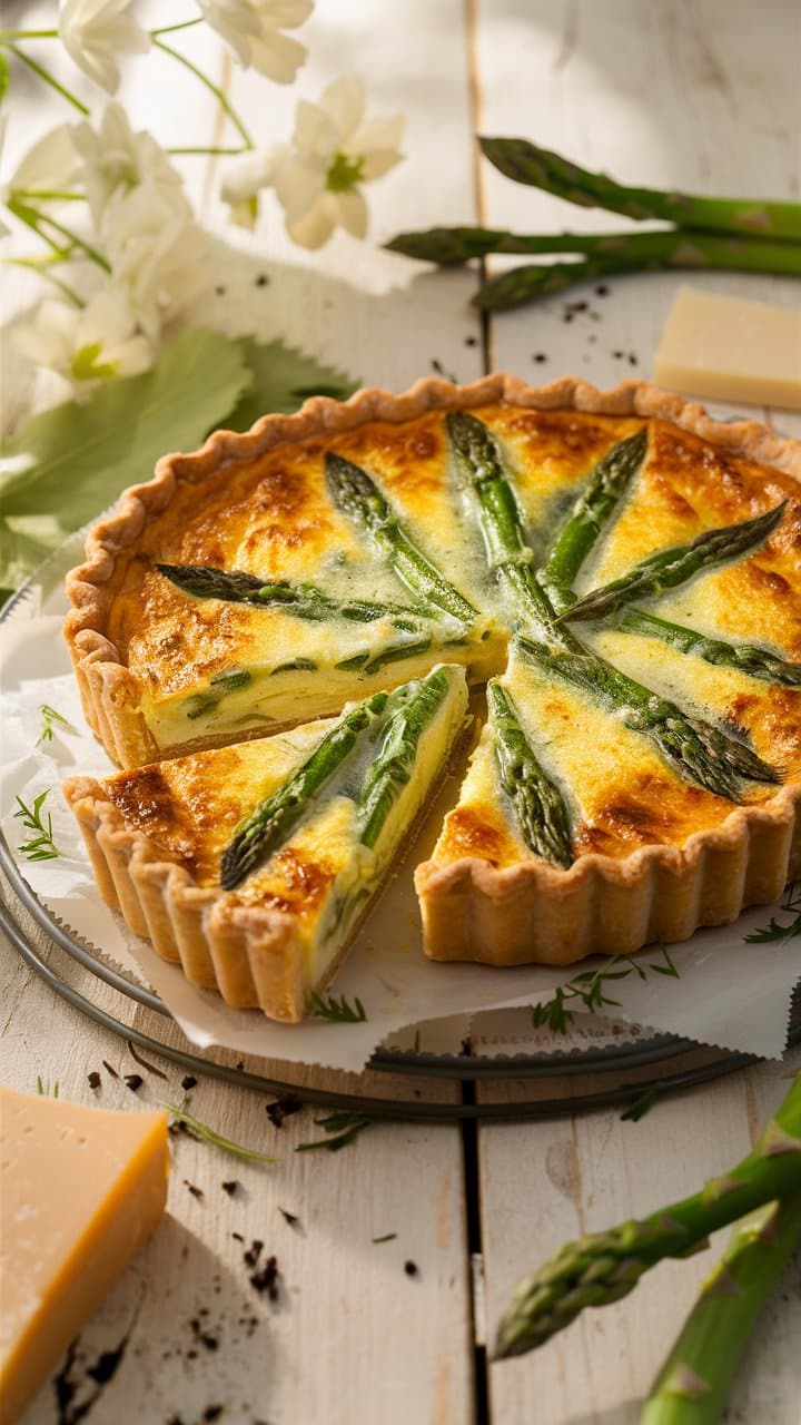 Quiche aux asperges sur table en bois.