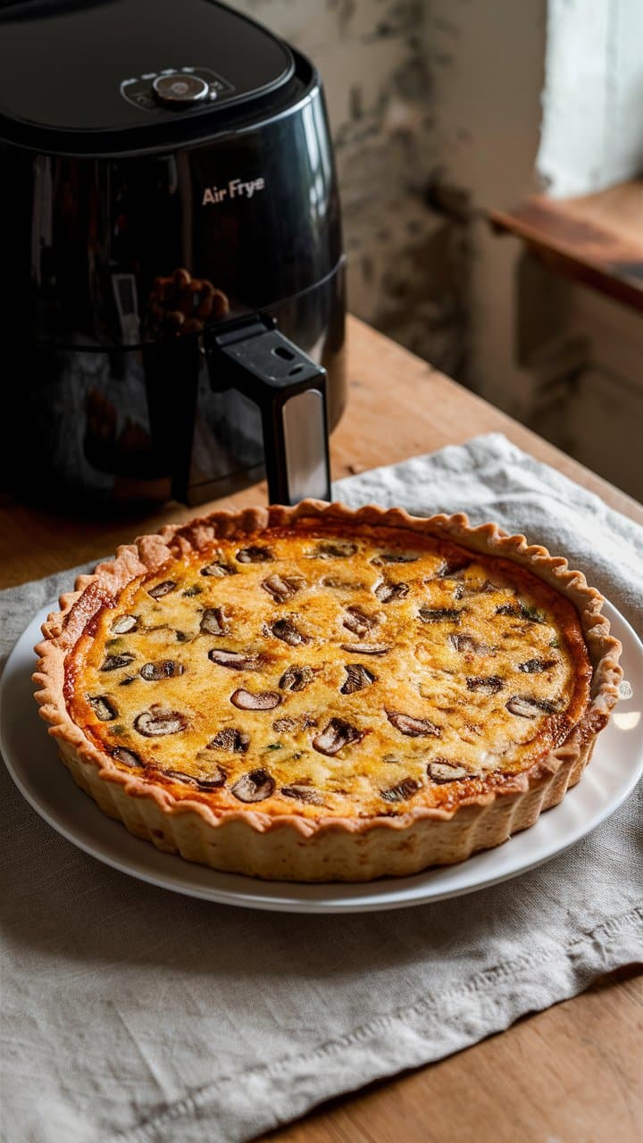 Quiche sur table près d'une friteuse à air.