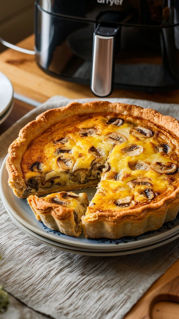 Quiche aux champignons sur une assiette.
