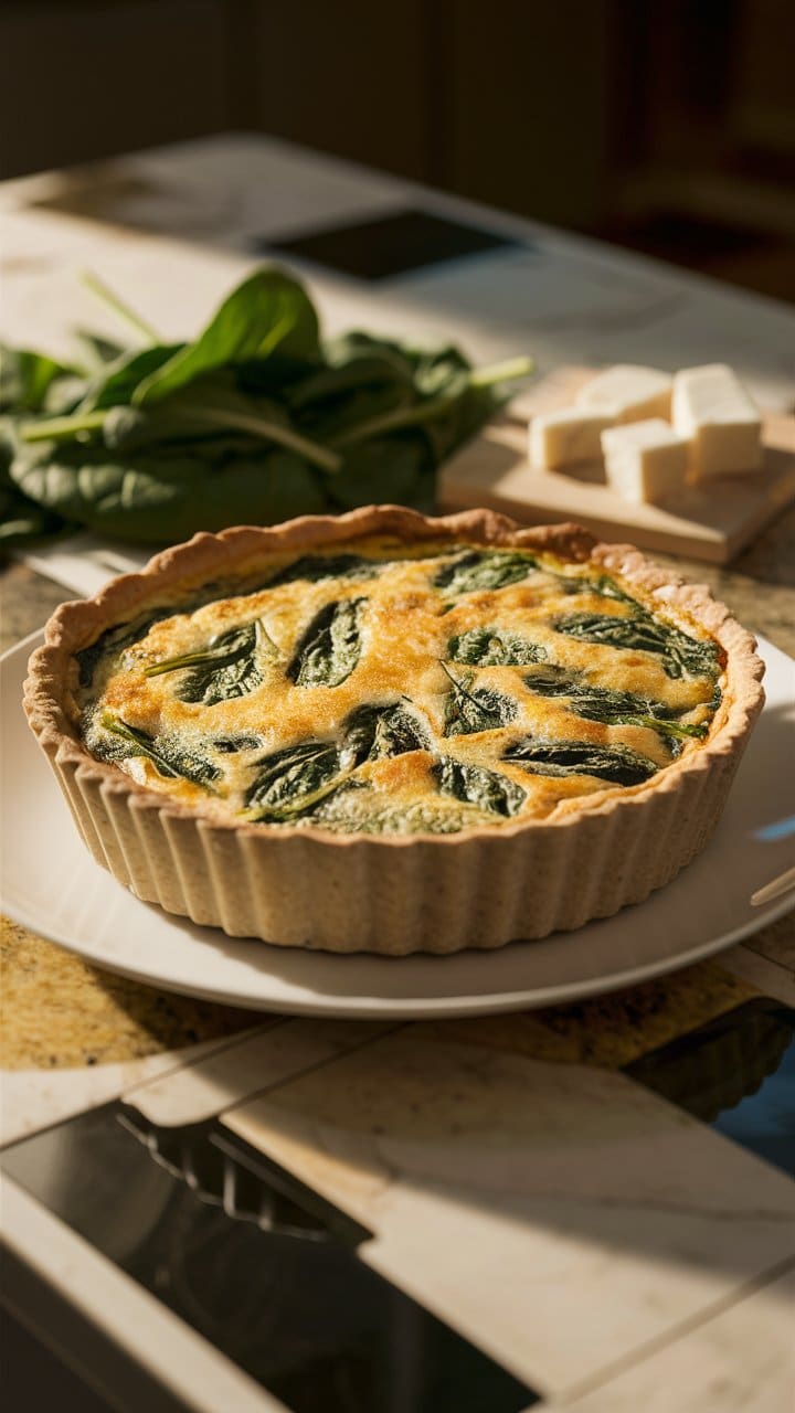 Quiche épinards et fromage sur table.