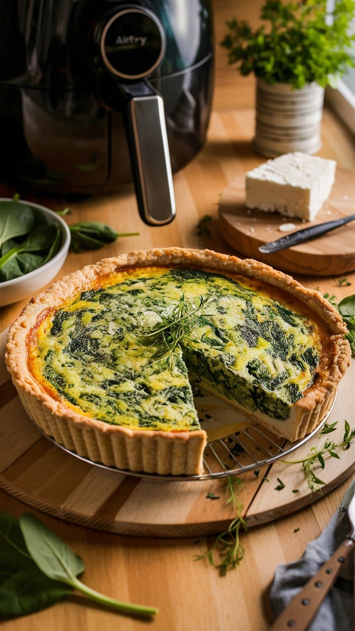 Quiche épinards et fromage sur table en bois.