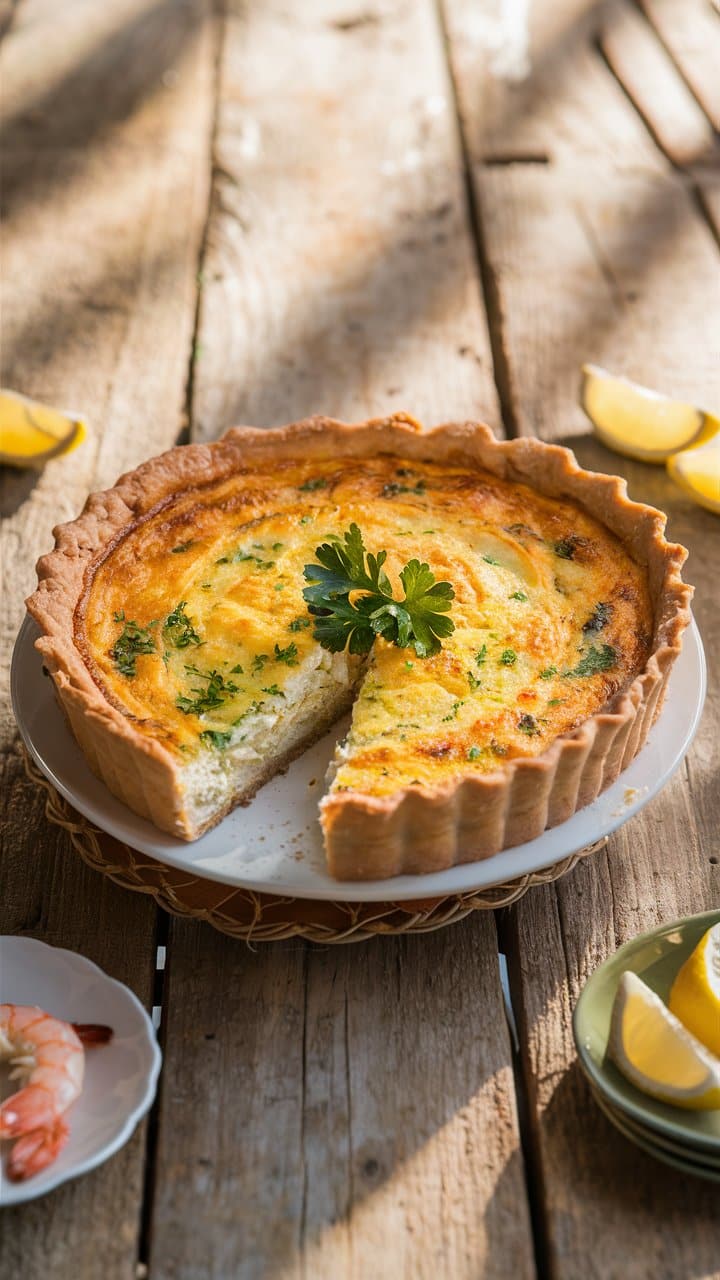 Quiche lorraine servie sur table en bois rustique.