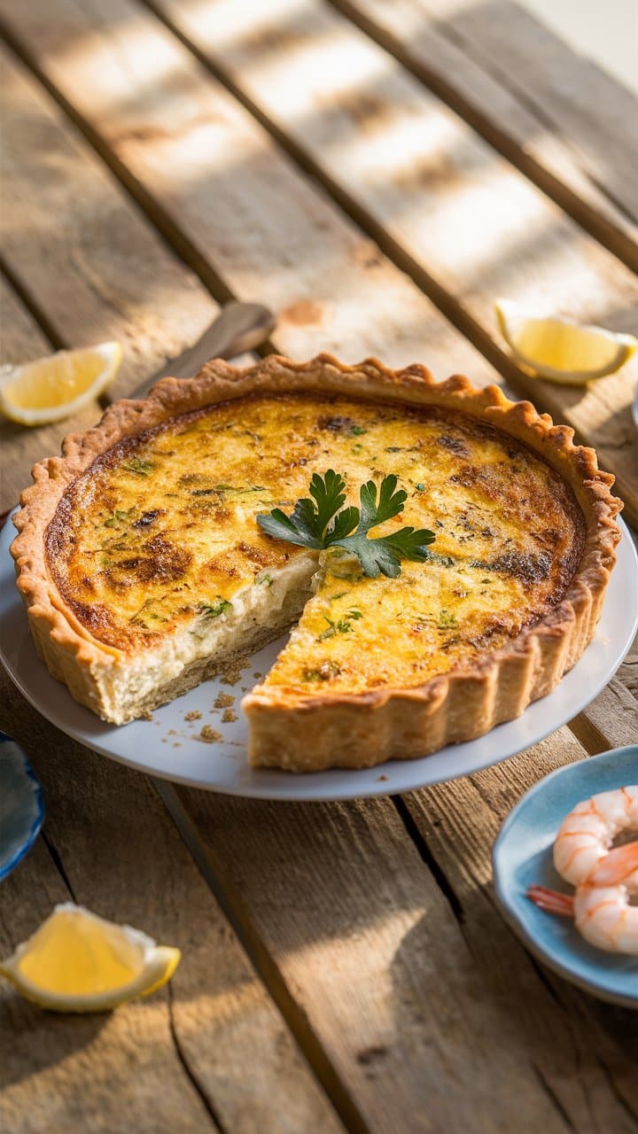 Quiche lorraine avec garniture de persil sur assiette.