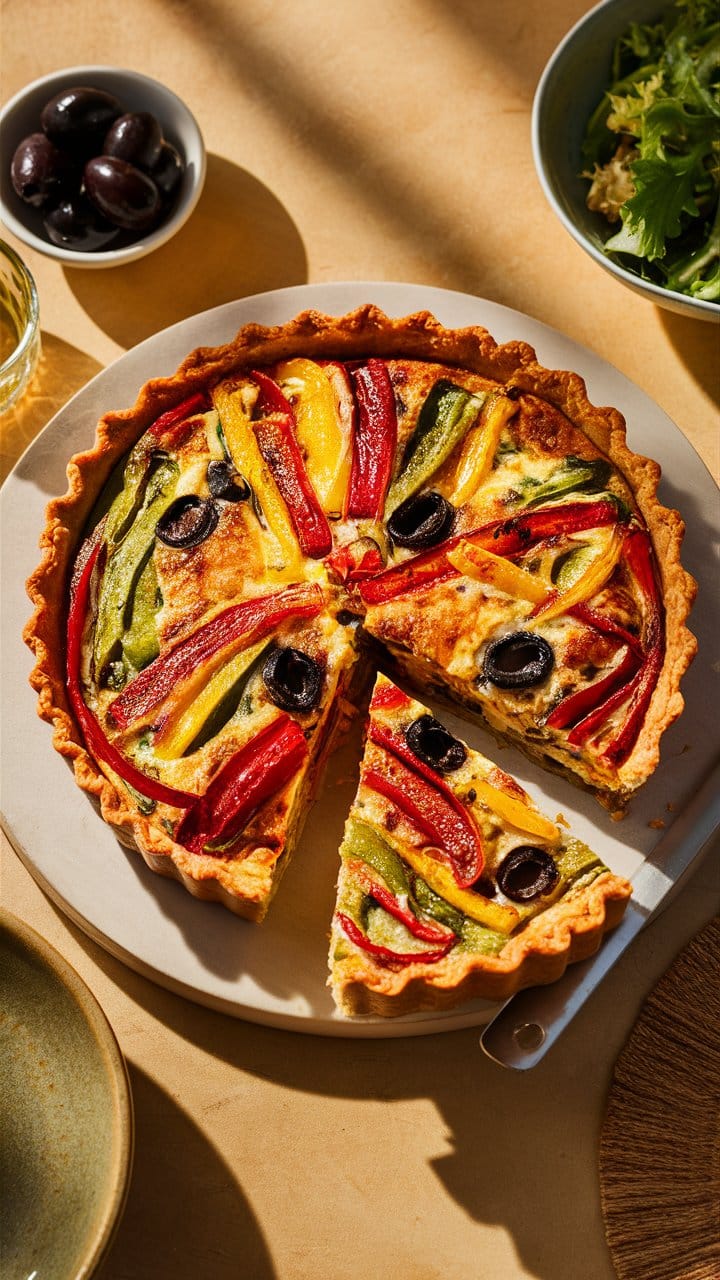 Tarte légumes et olives sur une table.