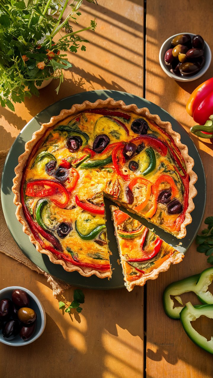 Quiche aux légumes colorée et appétissante sur table.
