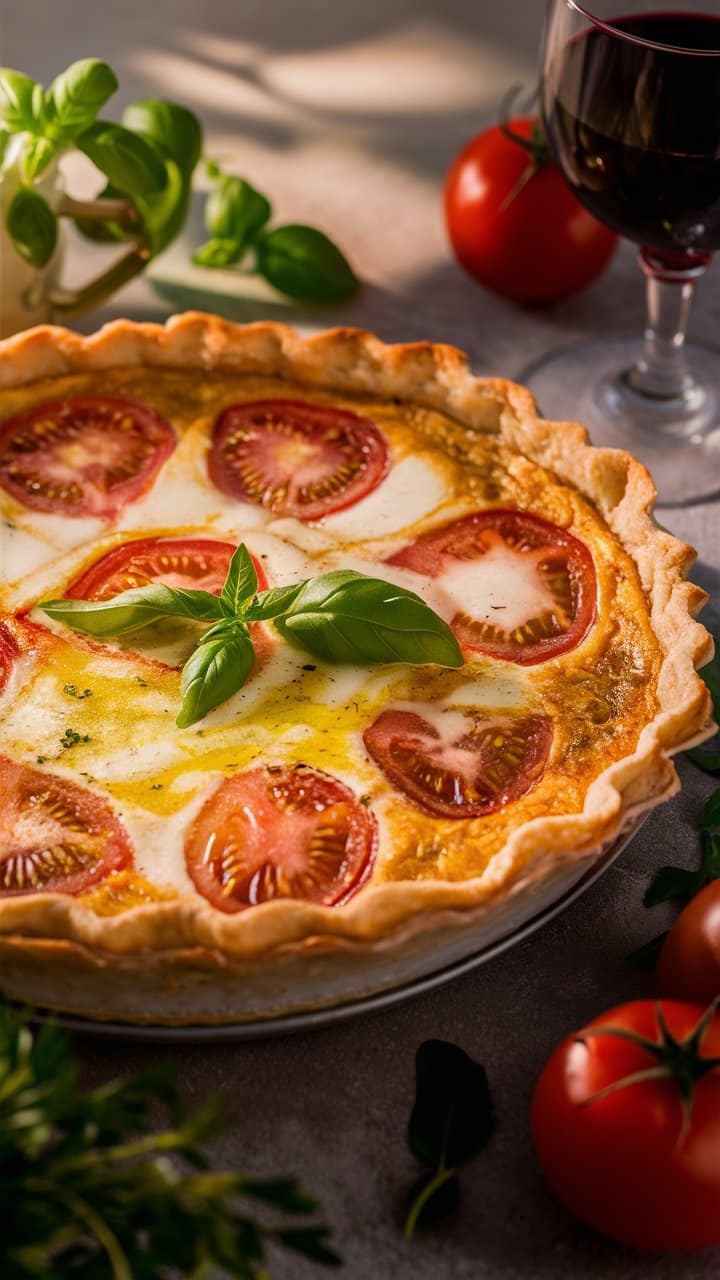 Tarte tomate mozzarella basilic et verre de vin.